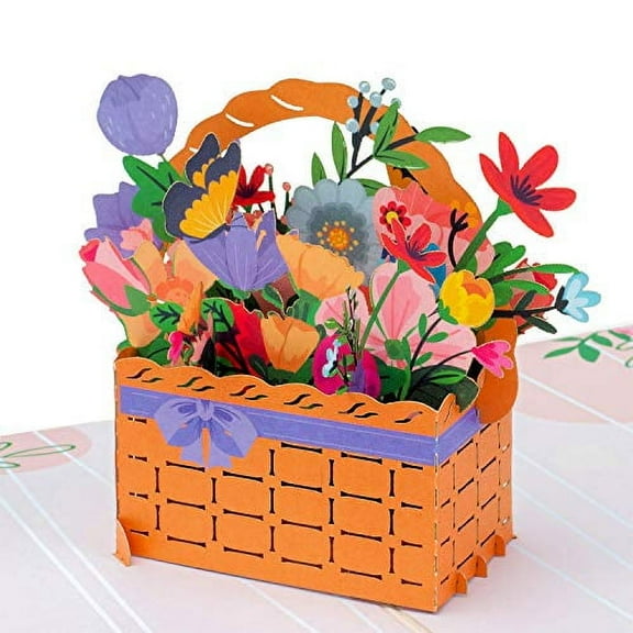 Paper Love 3D Floral Basket Pop Up Card, For Birthday, Spring, Thank You, Wedding, Anniversary, Get Well, All Occasion, 5" x 7" Cover - Includes Envelope and Note Tag