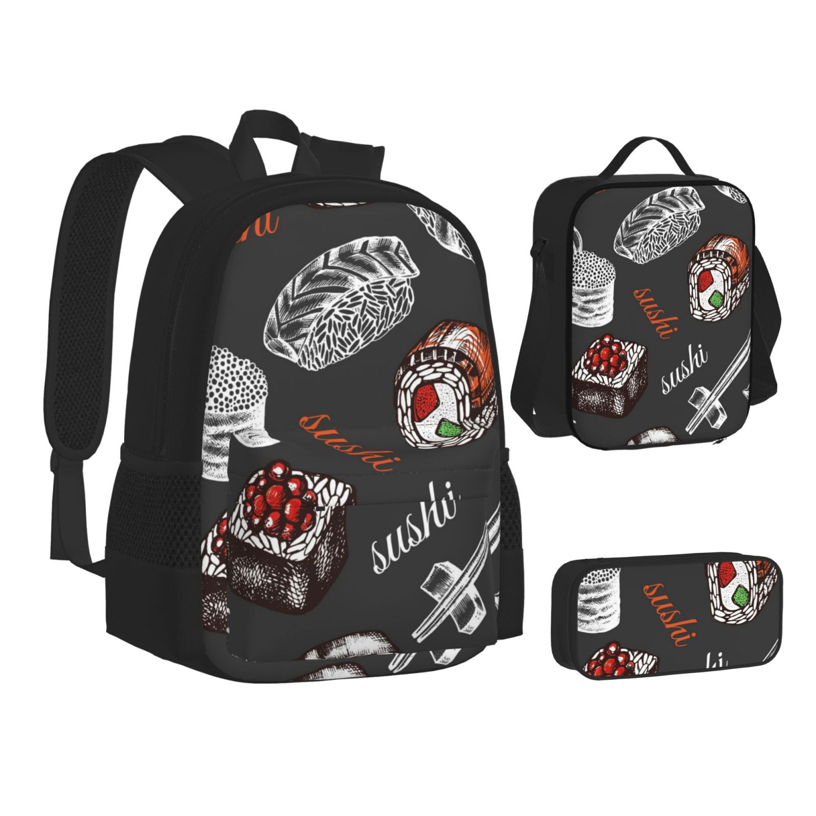 Naloa Japanese Sushi Hashi Print Large Capacity Backpack Lunch Bag Pencil Case Combination 3 Piece Set for Student