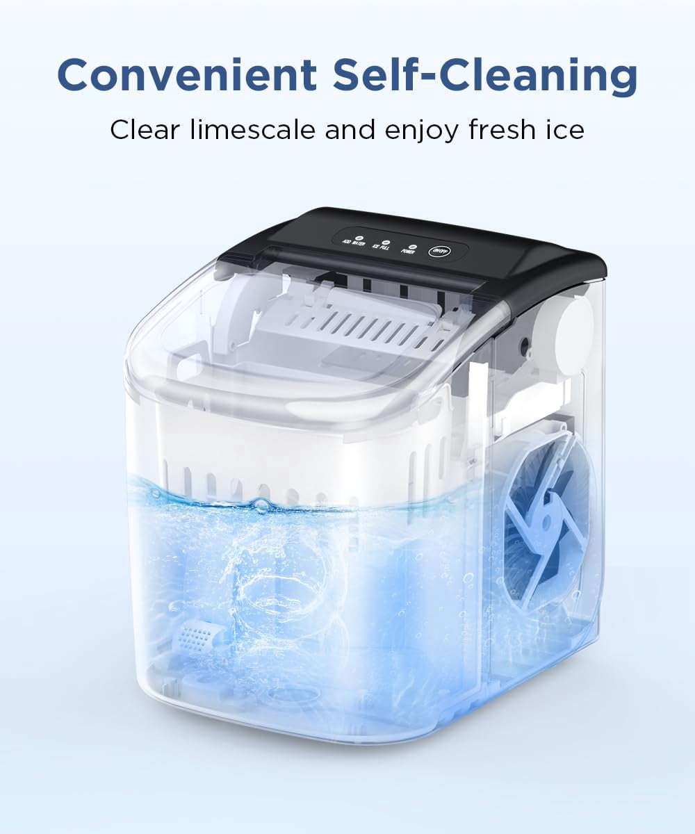Ice Maker Countertop, Portable Ice Machine with Self-Cleaning, 26.5lbs/24Hrs, 9 Bullet Ice Cubes in 6 Mins, Ice Basket and Scoop, Ideal for Home, Kitchen, Bar, Camping