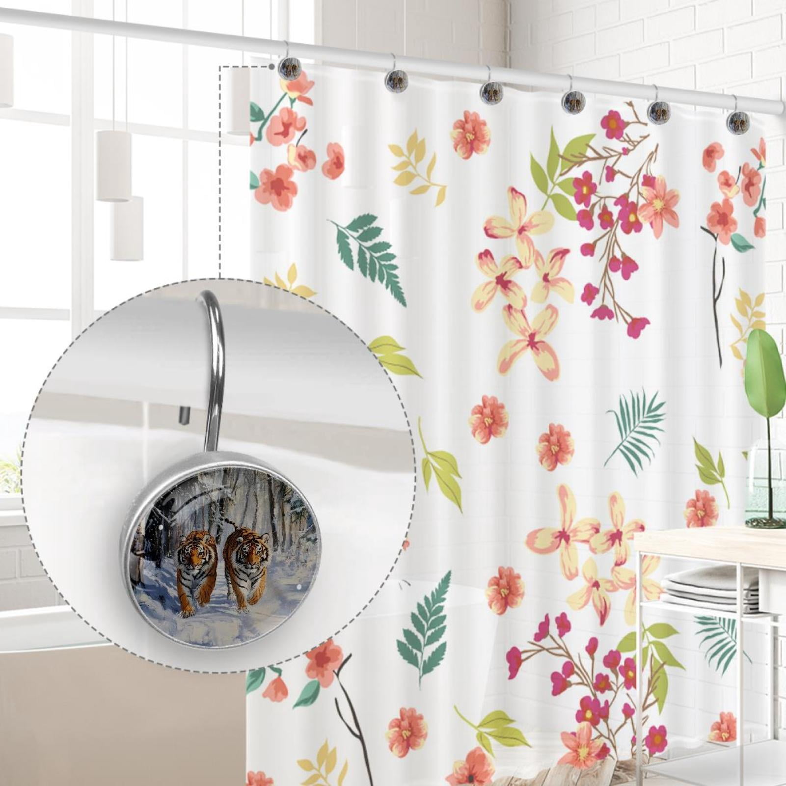 Snow Forest Tigers Shower Curtain Hooks Round Crystal Glass, Set of 12 Shower Curtain Rings - Shower Hooks for Curtain Shower Rings
