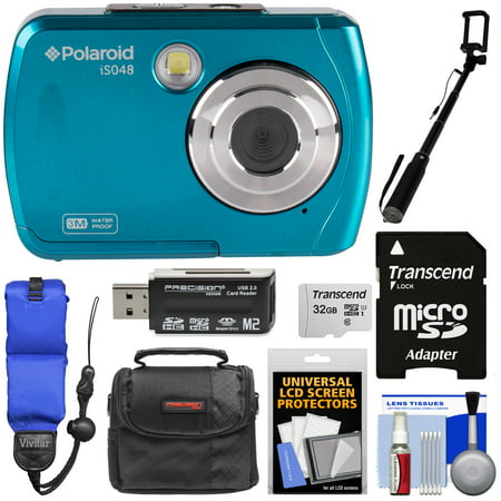 Polaroid iS048 Waterproof Digital Camera (Teal) with 32GB Card + Case + Selfie Stick + Float Strap +