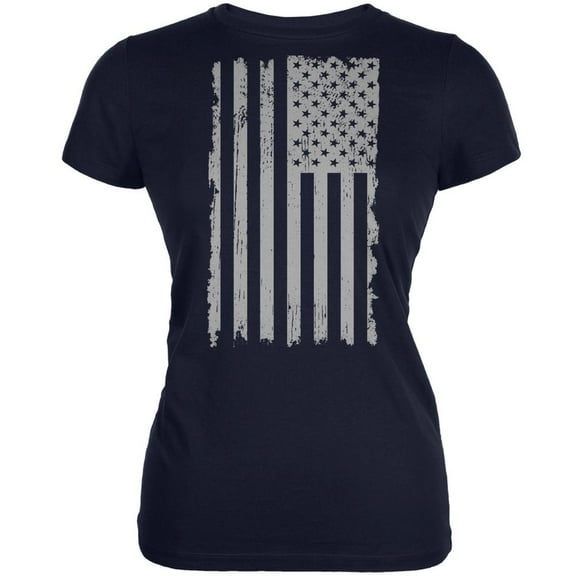 Distressed Grey Vertical American Flag Navy Juniors Soft T-Shirt - X-Large
