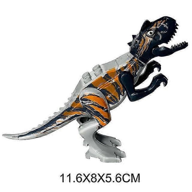 bloques de construcción de dinosaurios jurassic park world shaofei gyrosphere velociraptor raptor blue charlie echo owen claire color07 Velociraptor ensamblable azul con rayas negras y naranjas, vista lateral 3/4 con cabeza abierta y dientes moldeados; piezas de ABS visibles en patas, cola y torso sobre fondo blanco con dimensiones impresas 11.6 x 8 x 5.6 cm. A menudo usado como juguete de construcción para practicar motricidad fina y juego narrativo.
