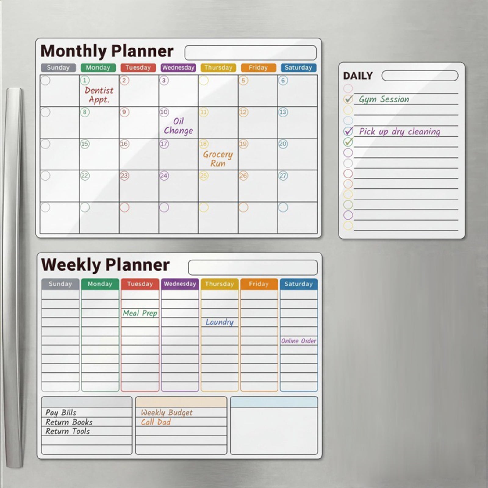 Magnetic Weekly Planner for Fridge, 2025-2026 Planner Weekly and Monthly, 3 Pc Pack, Multitone, Refrigerator Organization, Dry Erase Markers