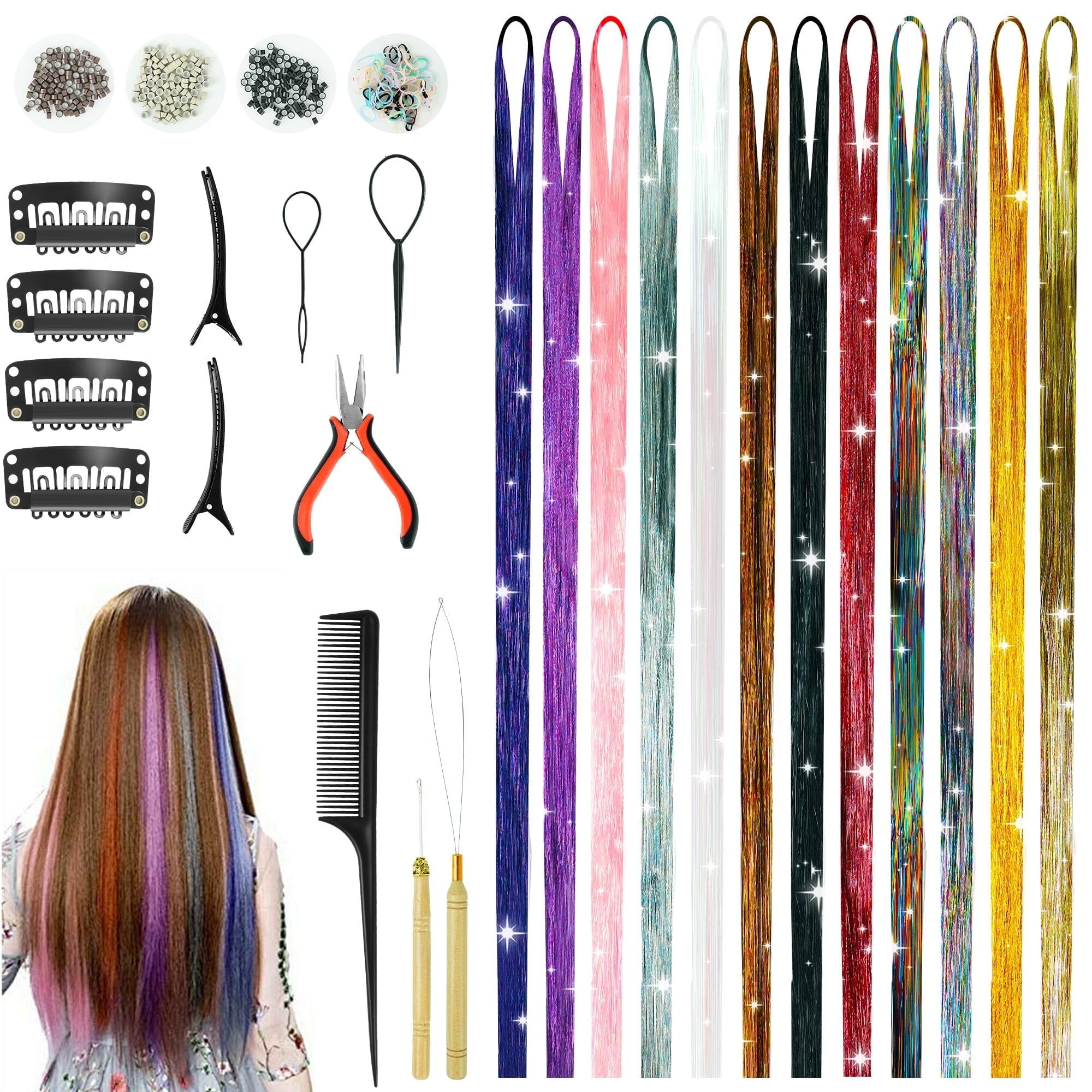 Hair Tinsel with Feathers Kit 20 Colors 48 Inch Rainbow Extensions for Women Amazon.com : ROADPLUM Hair Tinsel Kit - 20 Colors, 4000  main image 4