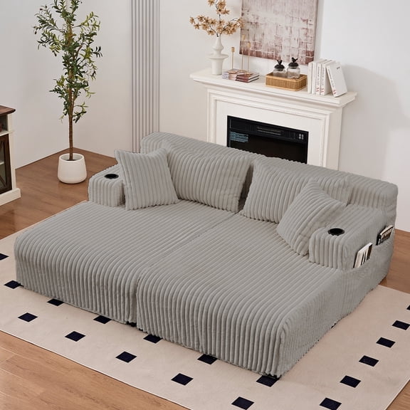 Puremind 85”W Double Chaise Lounge Chair Indoor, Oversized Sectional Corduroy Sofa Bed, Deep Seat Sleeper Loveseat, Cloud Sofa for Living Room/Apartment, Light Gray
