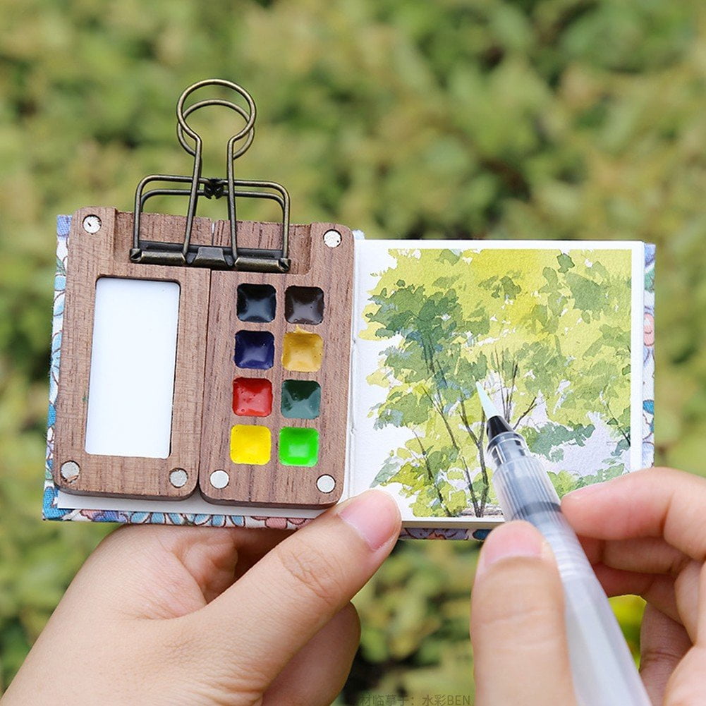 Portable Travel Watercolor Set, Mini Watercolour Paint Set Pocket Paint Sketchbook Box for Outing Art Supplies