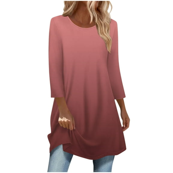 biudgviw Tops for Women Trendy Crew Neck 3/4 Sleeve Pullover Shirts Casual Loose Gradient Blouses Fall Comfy Outfits
