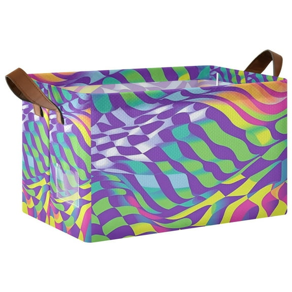 Yayeee Foldable Storage Basket for Shelves with Handles Waterproof Cloth Bins, Green Wavy Pattern