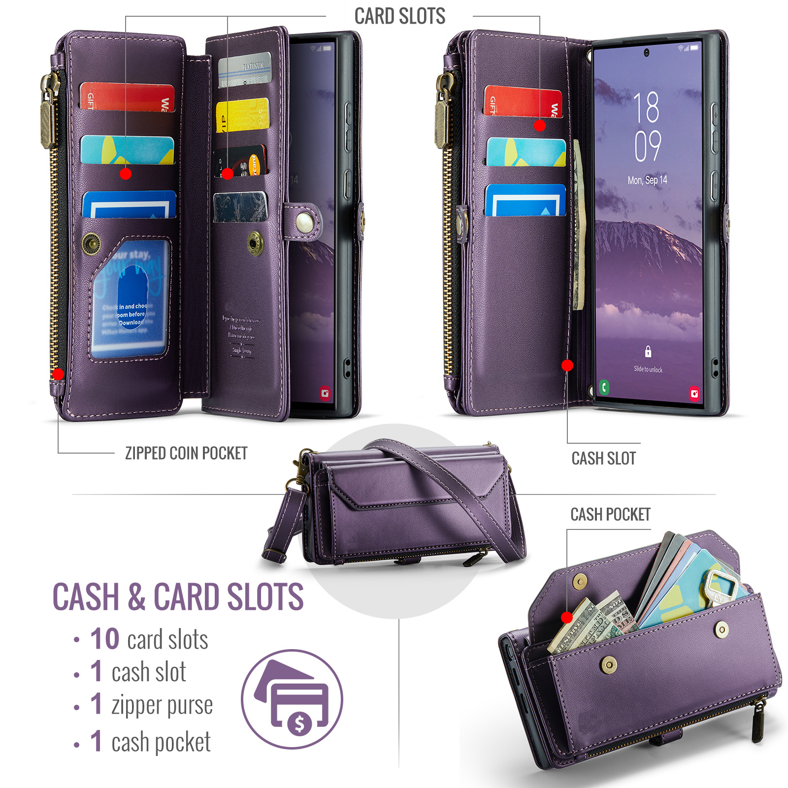 Compatible with Samsung Galaxy S25 Ultra 5G Zipper Wallet Phone Case Tempered Glass Screen Protector Crossbody Lanyard Strap Flip Card Holder Slot Cell Cover for S25Ultra 25S S 25 Women Girls Purple