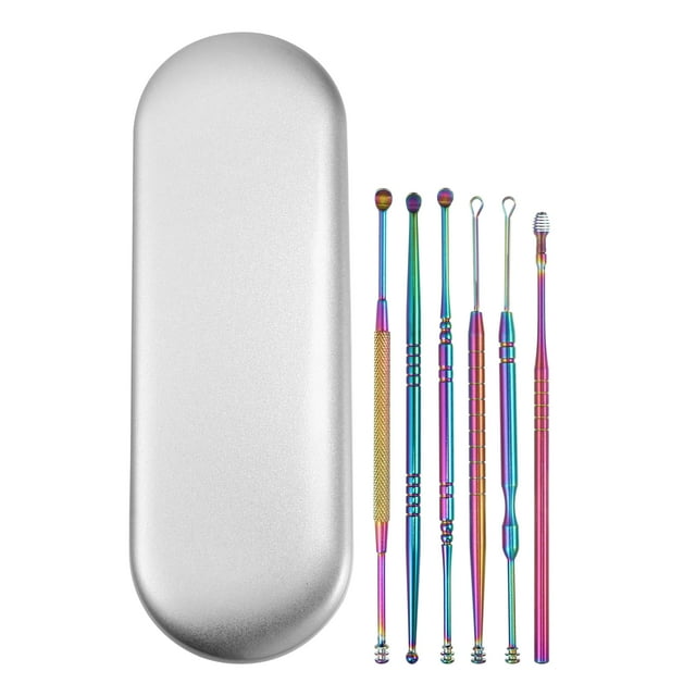 Unique Bargains 6Pcs Stainless Steel Ear Cleansing Tool Set Ear Cleaner Ear Care Set, with Storage Case Multicolor