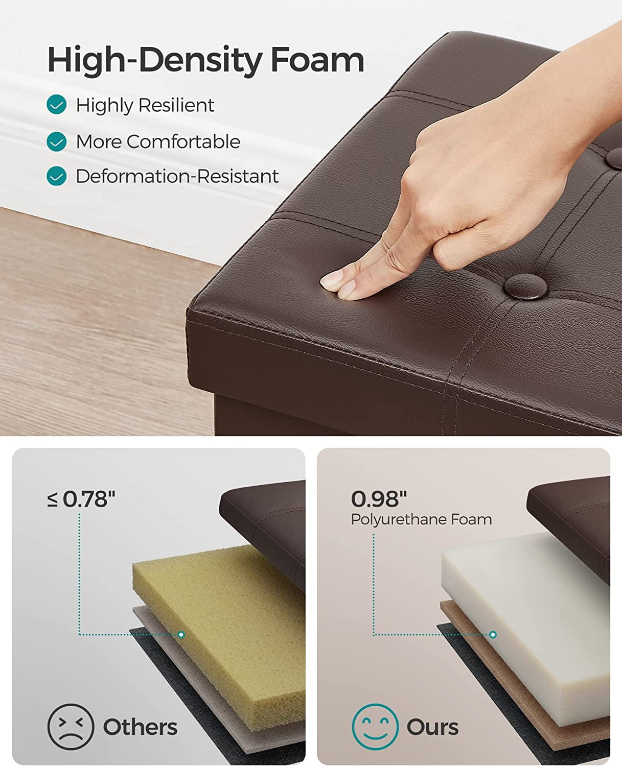 SONGMICS 43" Storage Ottoman Bench Folding Leather Ottoman with Storage Footrest Holds 660lb for Bedroom Brown