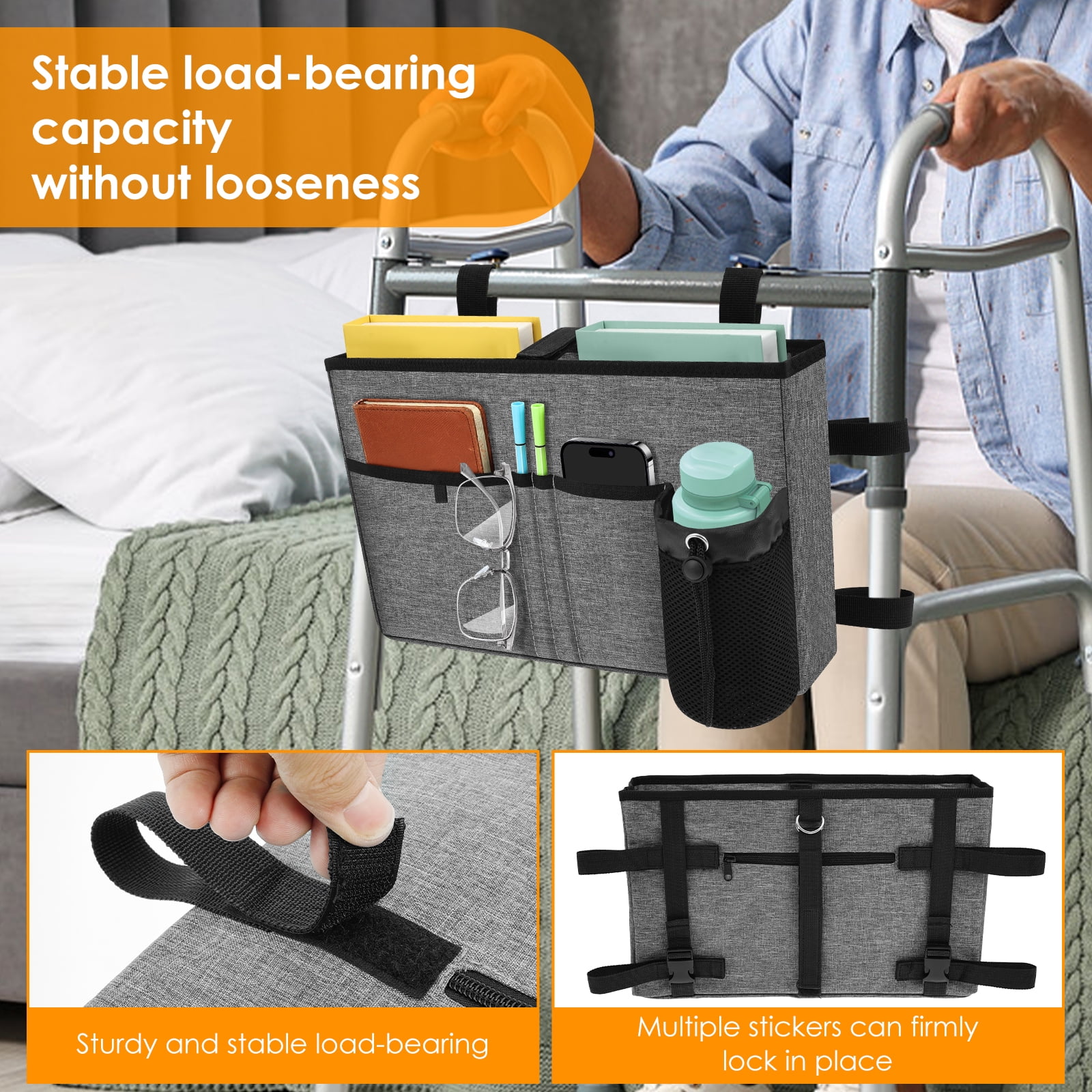 Walker Bag Multi Pockets Walker Basket with Cup Holder Foldable with Large Capacity & Never Tipping Over- for Seniors Elderly
