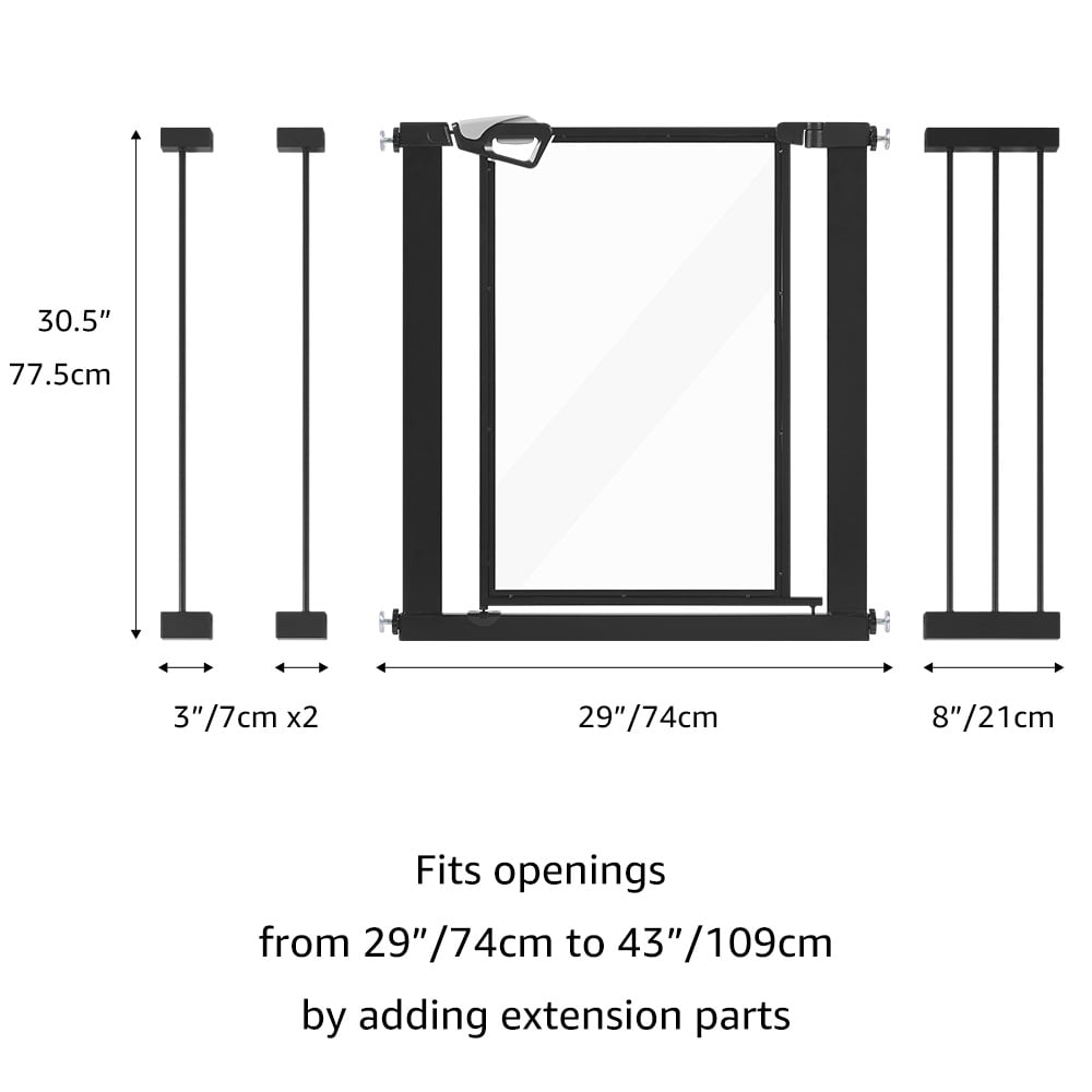 unipaws Clear Dog Gate for Doorway Stairs, One-Hand Opening Pet Gate, 29"-43" Pressure Mounted, Indoor/Outdoor Use, Black
