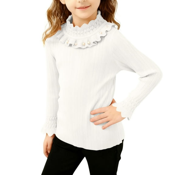 Kids' Girls Turtleneck Sweater Pearl Lace Collar Cute Knit Top Fall Winter Warm Cozy Layering Wear 2-10Y