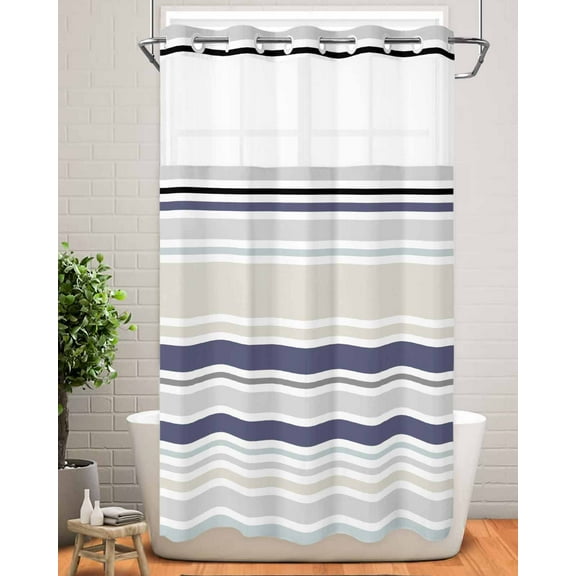 No Hook Shower Curtain with Snap in Liner,Classic Stripes Retro Waterproof Bath Curtain Double Layers with See Through Top Window,Blue Beige White Hotel Shower Curtains 36x72in