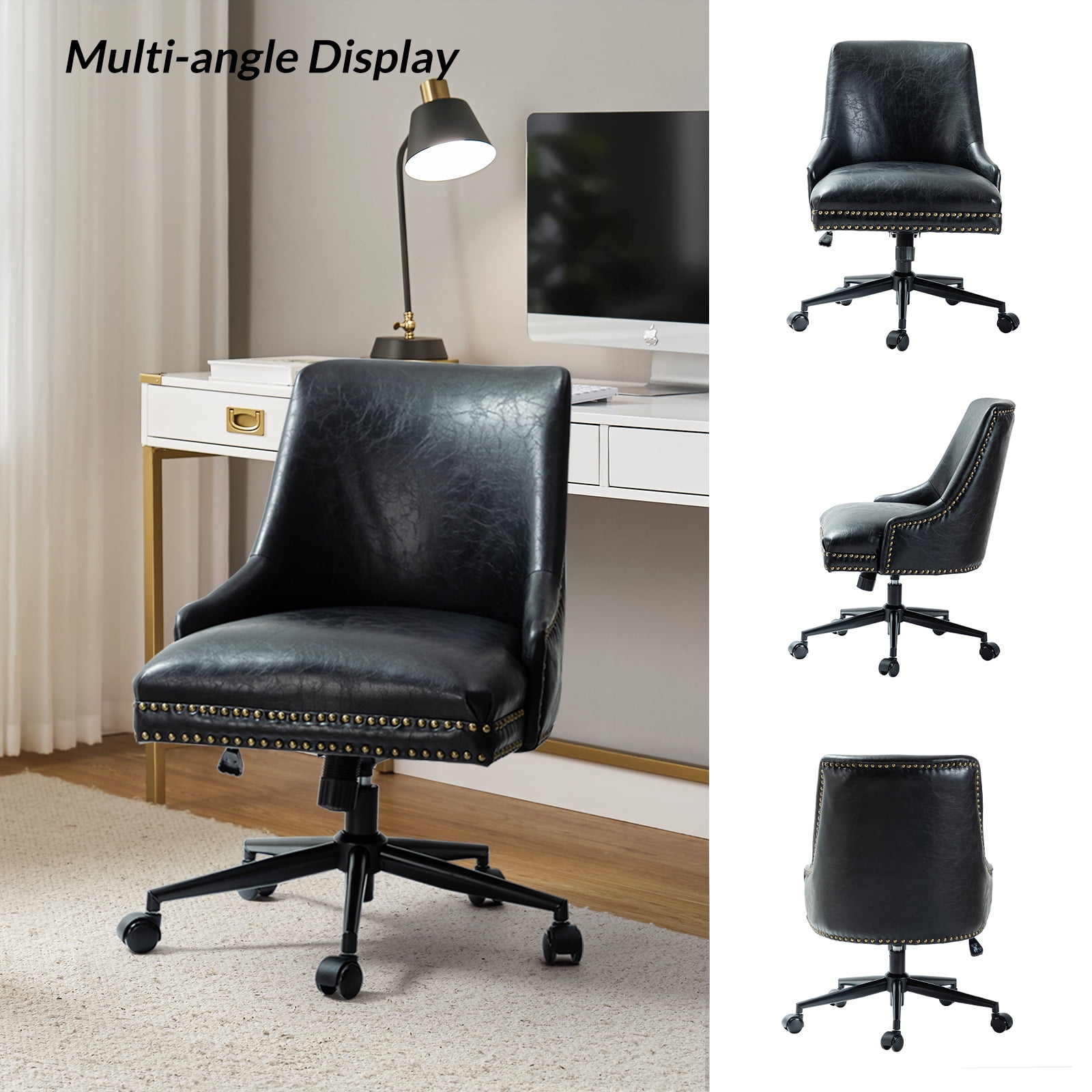 Vegan Leather Task Chair Swivel Home Office Chair Height Adjustable Mid-back Upholstered Nailhead Trim Bedroom Black
