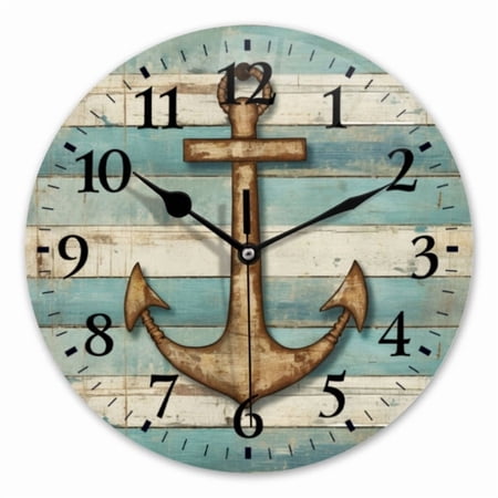 12 Inch Wall Clock Battery Operated Round Clock for Office, Kitchen, Outdoor, Living Room, Rustic Wooden Anchor On Weathered Blue And White Striped Background