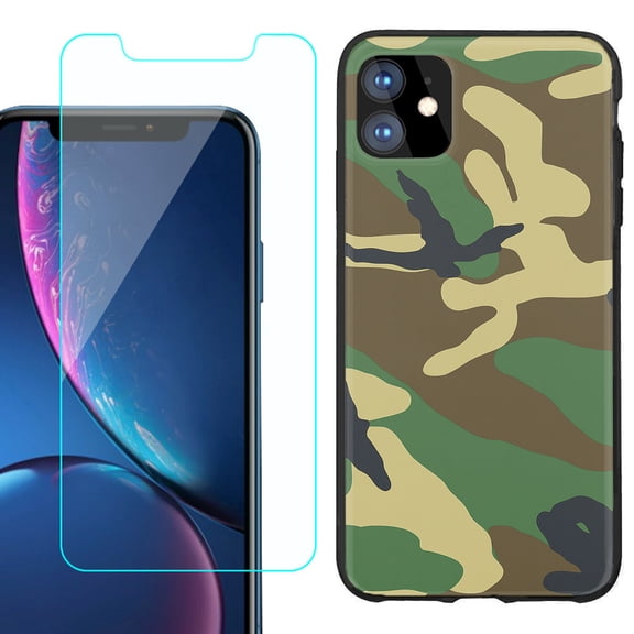 For Apple iPhone 11 Phone Case , Slim-Fit TPU Protective Case (Black), with Tempered Glass Screen Protector, by OneToughShield ® - Camo Green