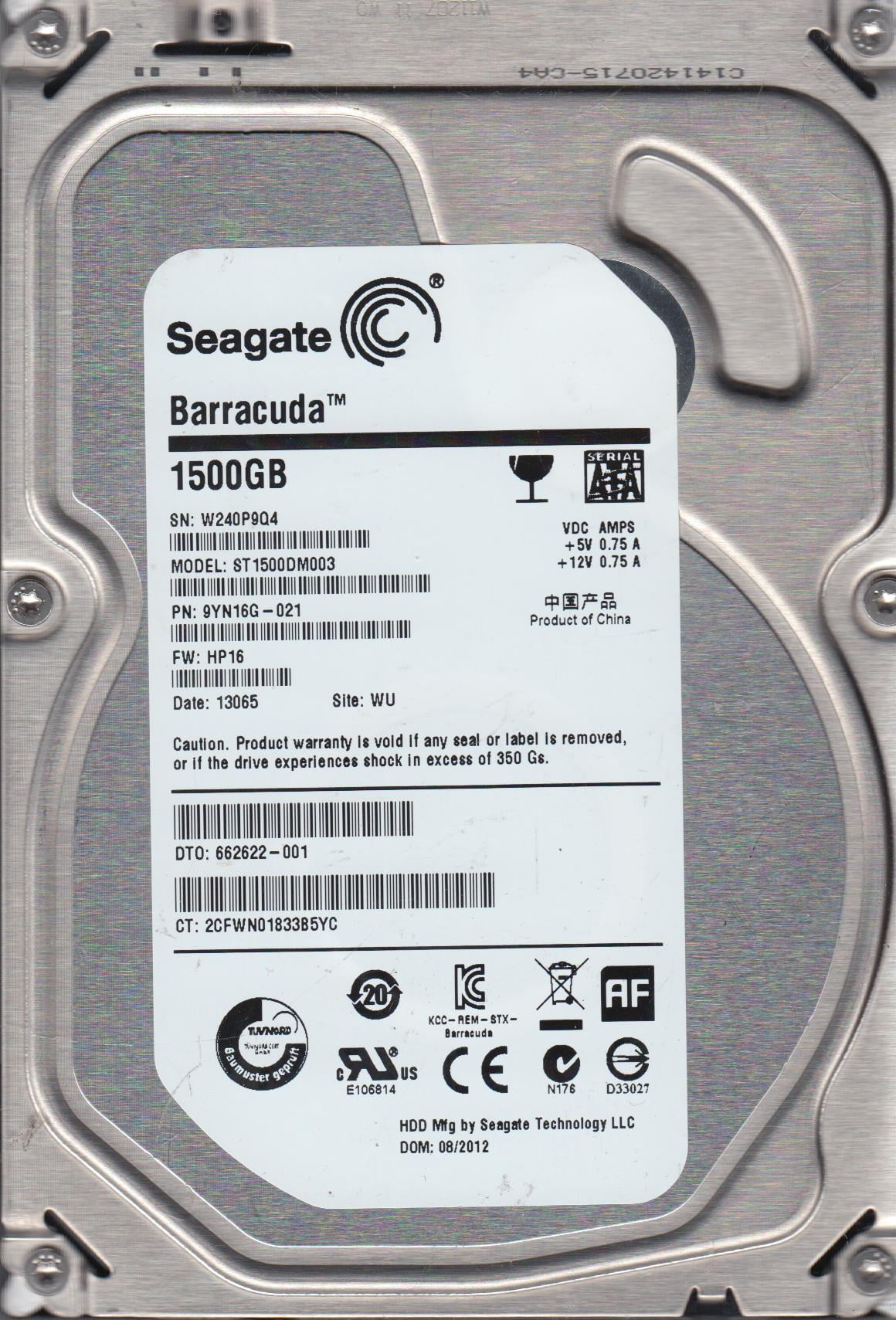 ST1500DM003, W24, WU, PN 9YN16G-021, FW HP16, Seagate 1.5TB SATA 3.5 ...