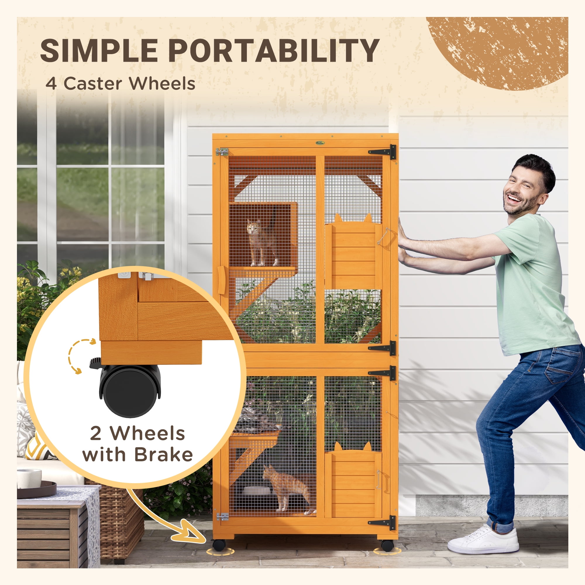 Large Cat House with High-Up Resting Box, 71" Wooden Catio with Asphalt Roof, Indoor & Outdoor Cat Enclosure on Wheels, for 1-3 Cats, Orange