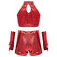 thumbnail image 6 of inlzdz Kids Girls Jazz Latin Dance Outfits Sequin Halter Crop Tops with Shorts Tassel Gloves Dancewear Red 10, 6 of 7
