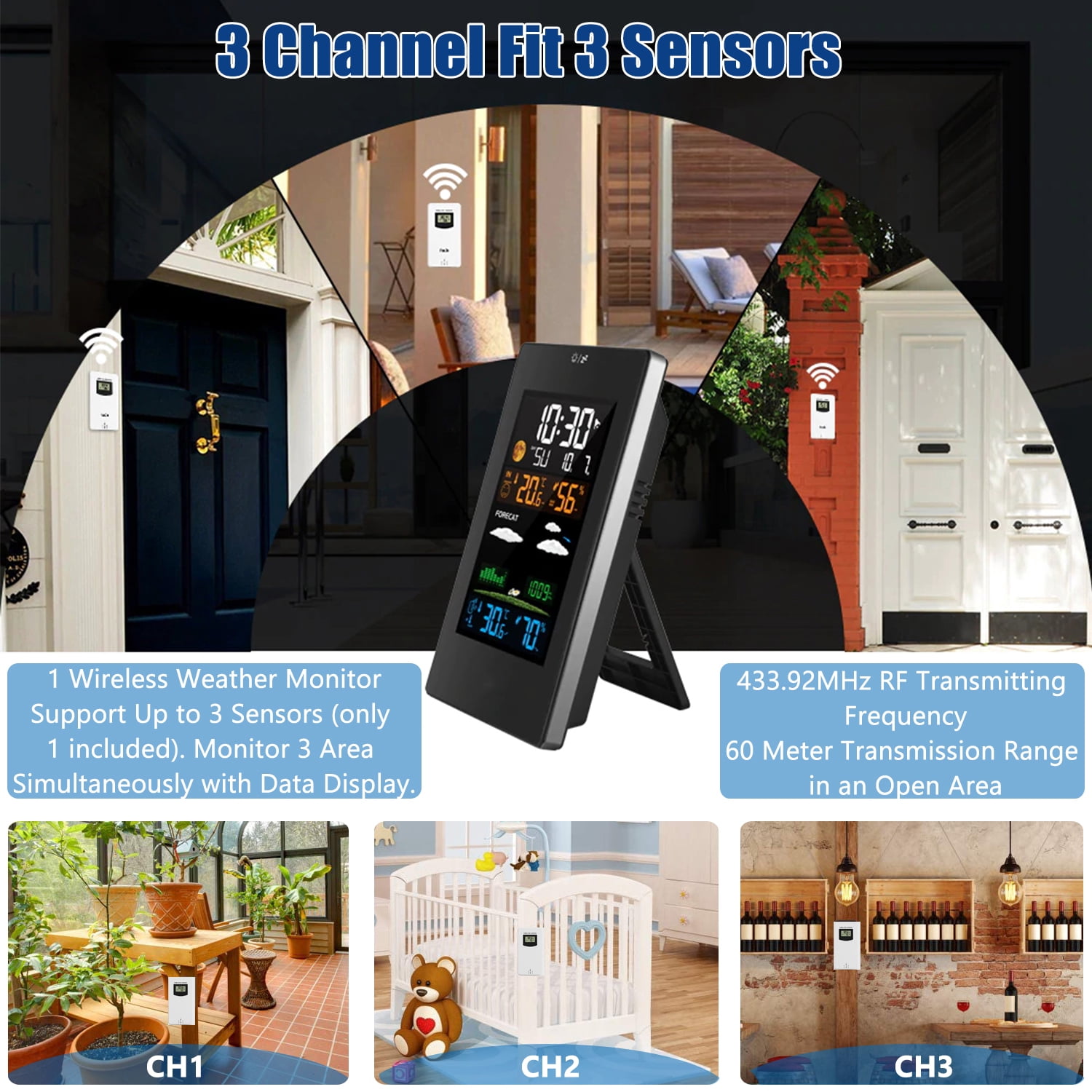 4 Backlig \u0026 Weather Station Indoor Outdoor Weather Forecaster with Sensor Digital Thermometer Hygrometer Monitor with Alarm Clock Moon Phase Adjustablt Backlight Mode
