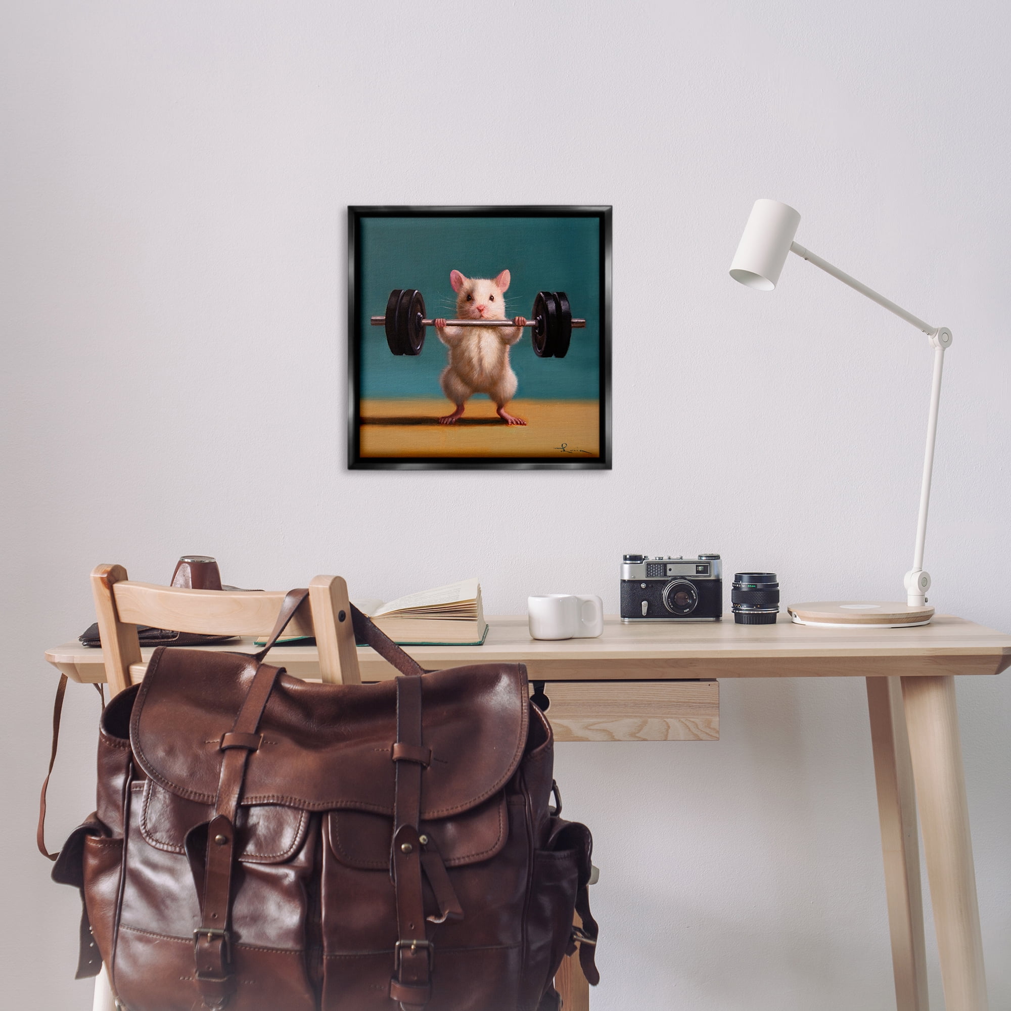 Stupell Industries Power Lifting Mouse Animals Painting Black Floater Framed Canvas Art Print Wall Art, 25 x 25