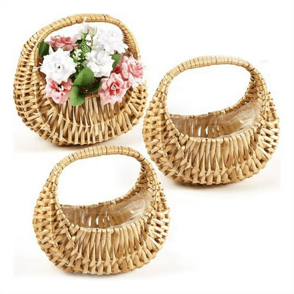 New Arrivals 3Pcs Rattan Basket Half Moon Wicker Willow Straw Woven with Handle Wedding Flower Girl Baskets