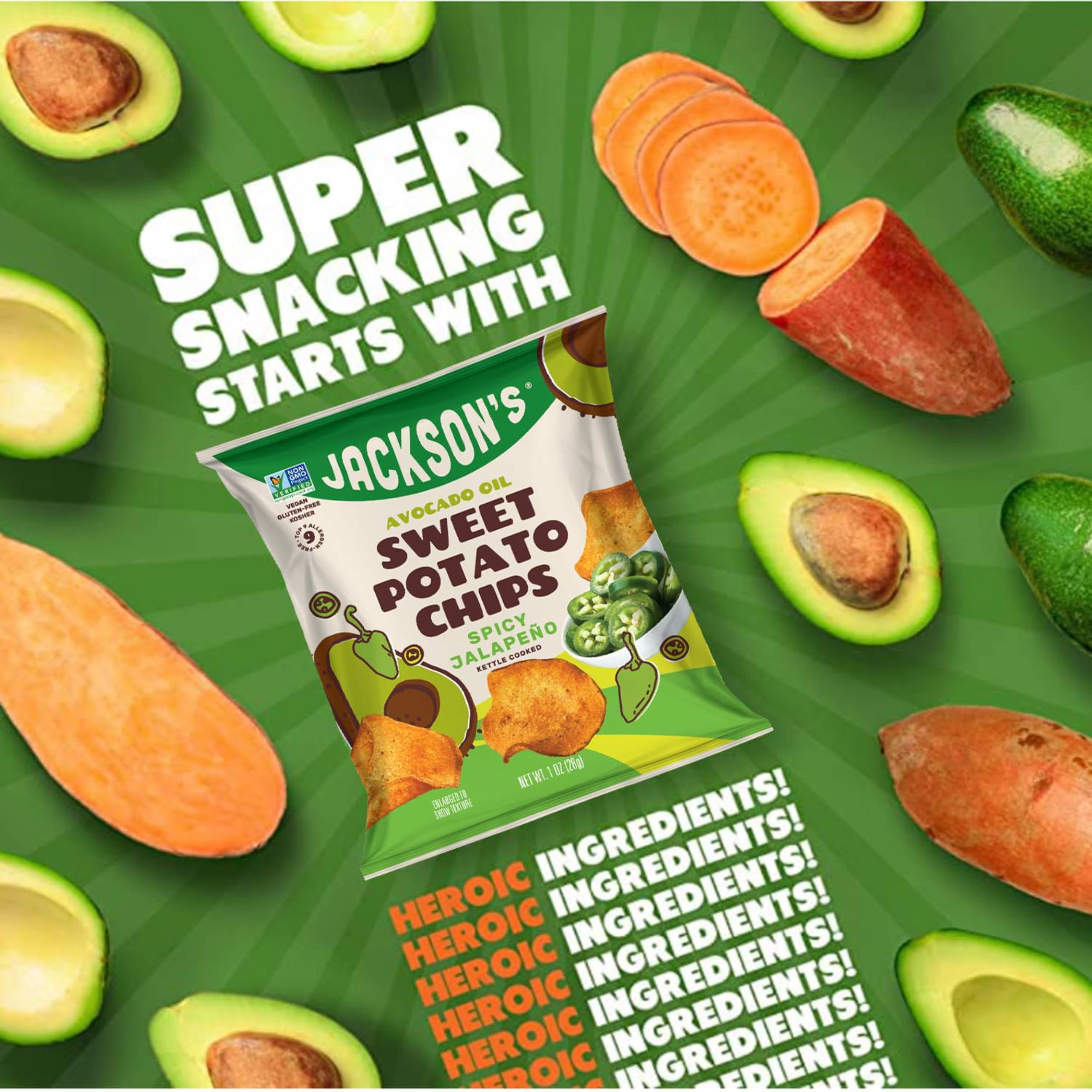(3 pack) Jackson's Sweet Potato Spicy Jalapeno Chips, Avocado Oil, Free of Top 9 Allergens, Vegan, 5 oz