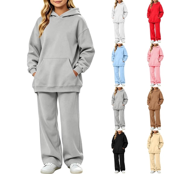 Kids Solid Fleece Hoodie 2 Piece Outfit Long Sleeve Hooded Top & Wide Leg Pants Set Warm Casual Tracksuit for 5-14 Years Old Boys Girls Outdoor Daily Wear Yellow