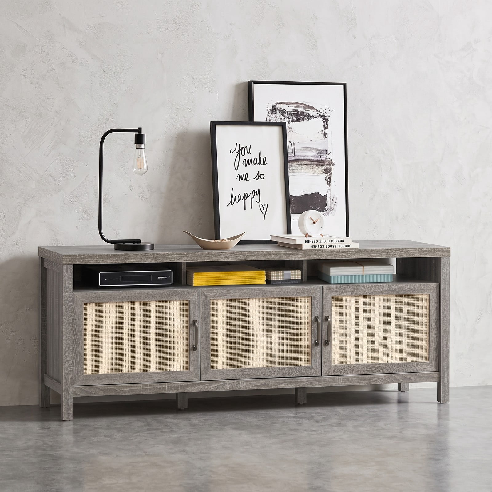 Furnibear Universal TV Stand Entertainment Media Center Console with Rattan Cabinets and Open Shelf for TVs up to 65 Inch, Living Room Bedroom Storage Furniture, Gray