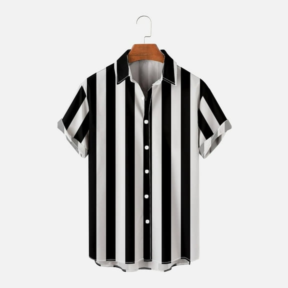 QUINDOS Button up Hawaiian Tropical Shirts for Men Summer Short Sleeve Casual Shirts Vacation Beach Striped Loose Fit Shirts