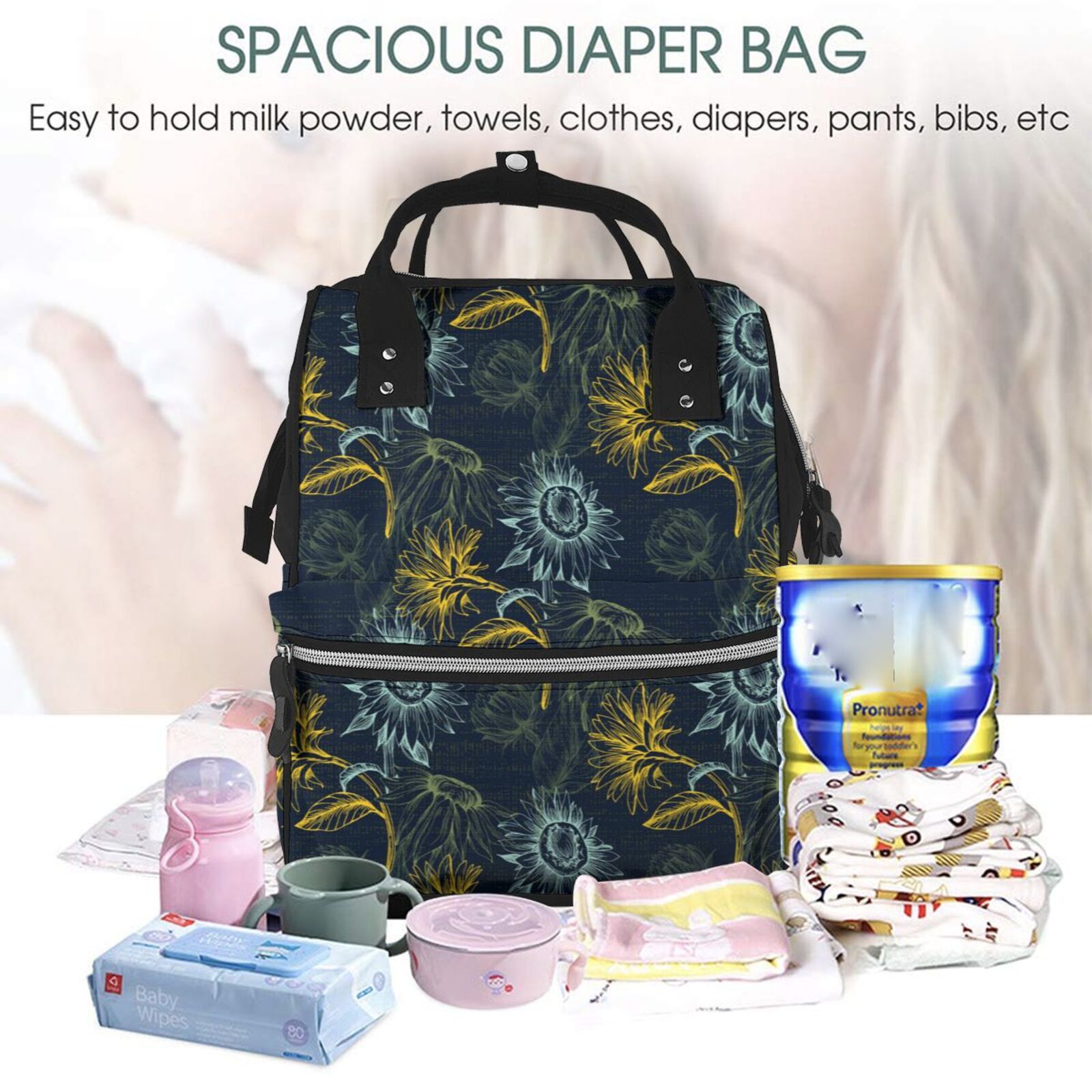 Fuzoiu Sunflowers Print Diaper Bag Backpack,Baby Essentials Travel Tote,Multi function Waterproof Diaper Bag, Travel Essentials Baby Bag - Unisex