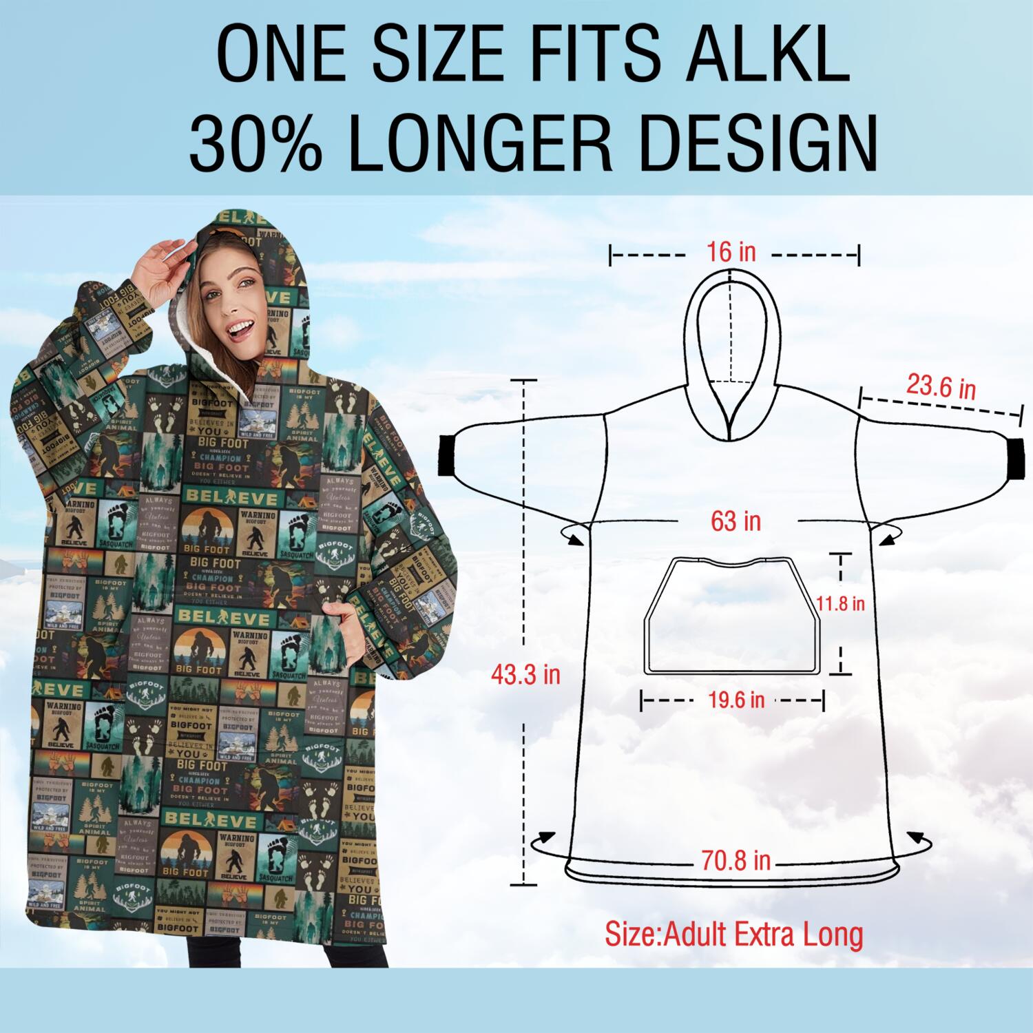 Oversized Wearable Blanket Hoodie,Multicolor Bigfoot and Text Pattern Sherpa Blanket Hoodie with Super Pockets,Super Warm Fuzzy Pullover for Women & Men