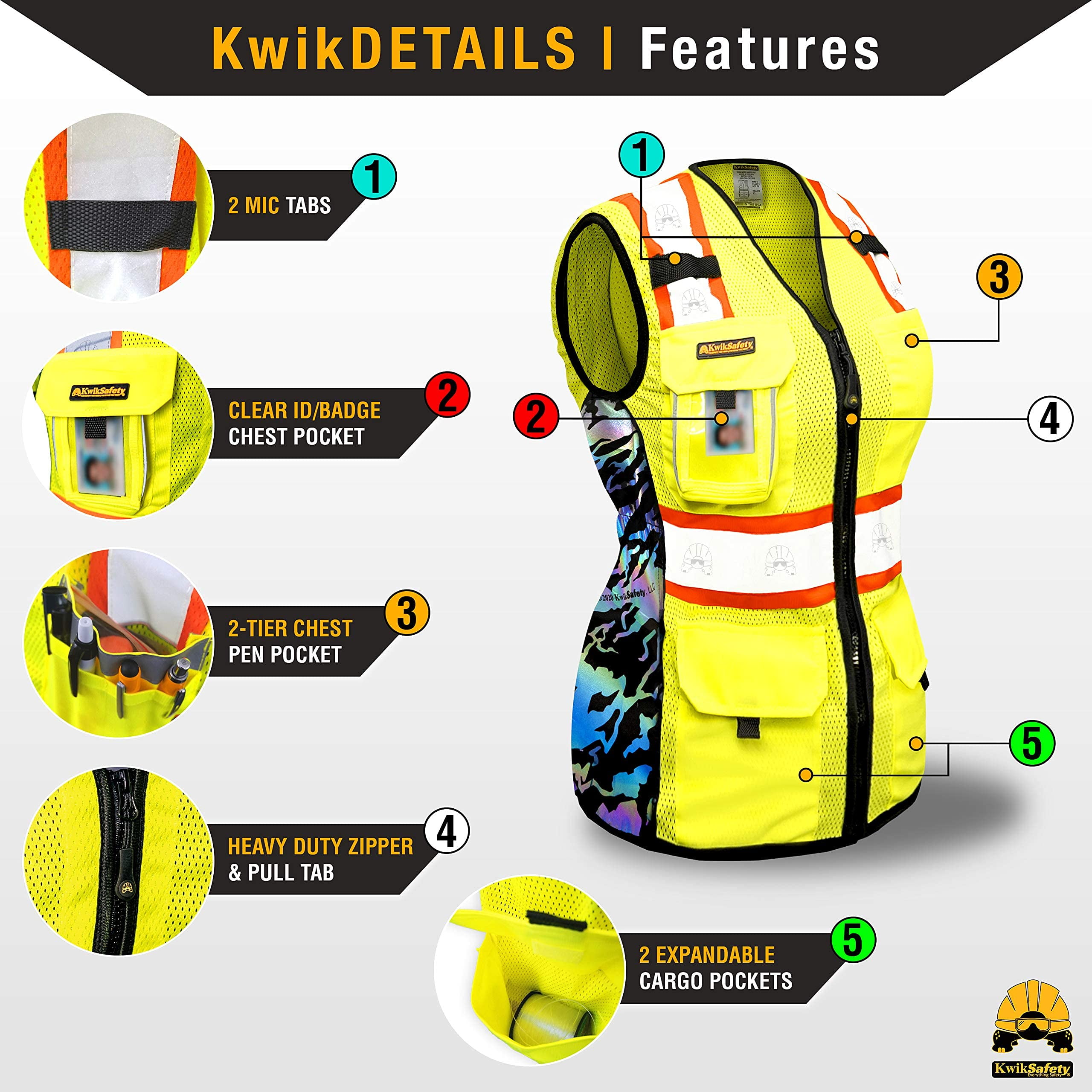 KwikSafety (Charlotte, NC) TIGER QUEEN Safety Vest for Women (IRIDESCENT Design) 9 Pockets Premium Class 2 Custom High Visibility ANSI OSHA Reflective Construction with Zipper | Yellow Small