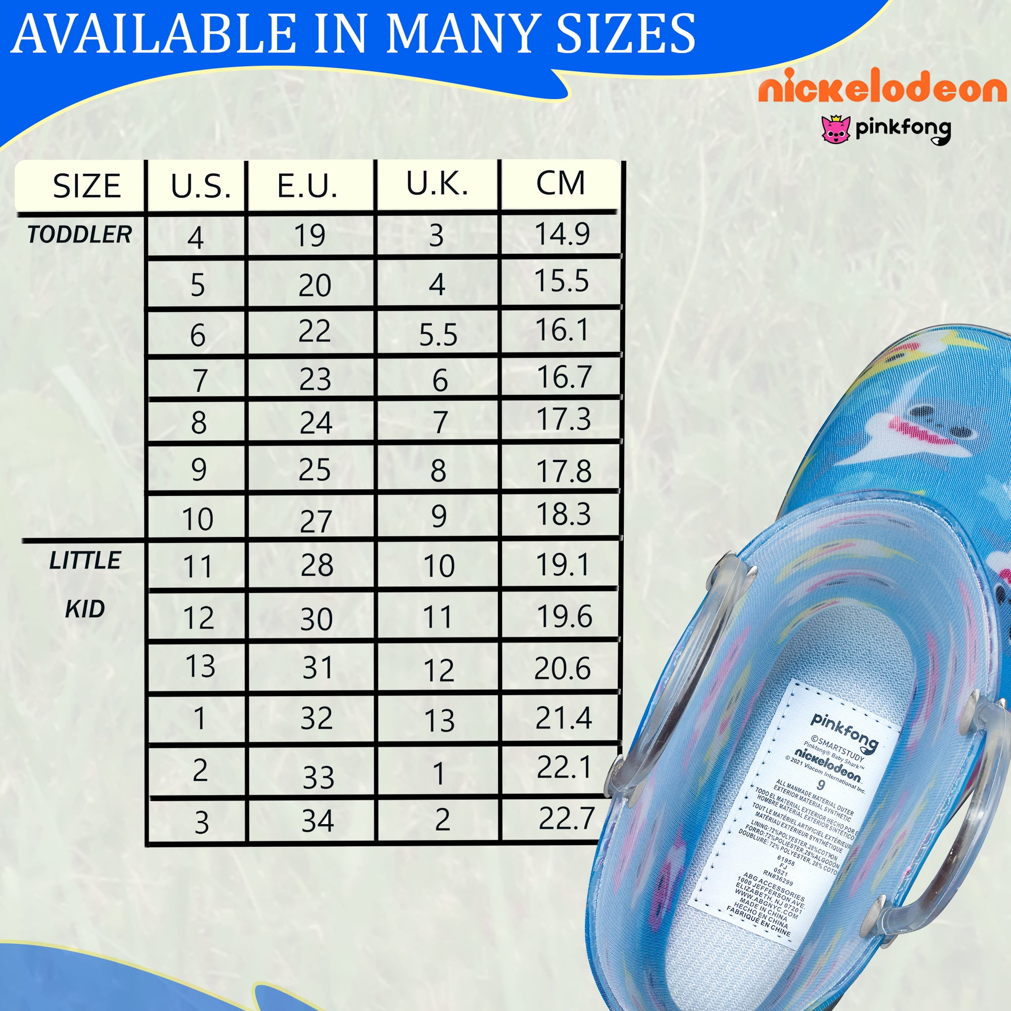 Nickelodeon Baby Shark Waterproof Rubber Rain Boots Easy-On Handles - Size 8 Toddler