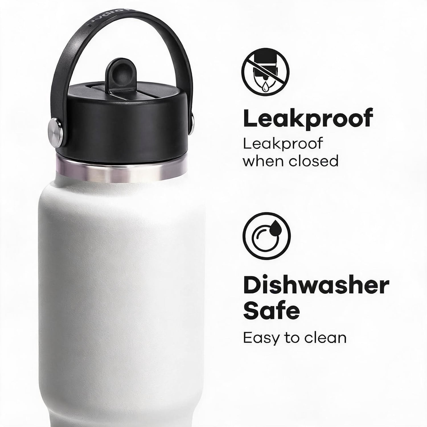 Insulated Stainless Steel Travel Water Bottle with Wide Straw Lid and Non-Spill Leakproof Design 32 Oz White