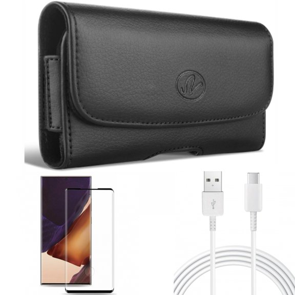 Case Belt Clip & Screen Protector & 10ft USB-C Cable for Samsung Galaxy Note 20 Ultra (6.9") - Combo with Leather Swivel & Tempered Glass (Fingerprint Unlock) & Type-C Charger Cord