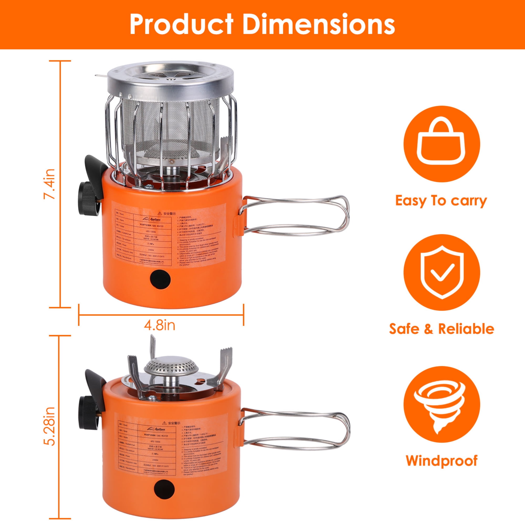 2000W 2 In 1 Camping Stove Tent Heater Outdoor Gas Stove
