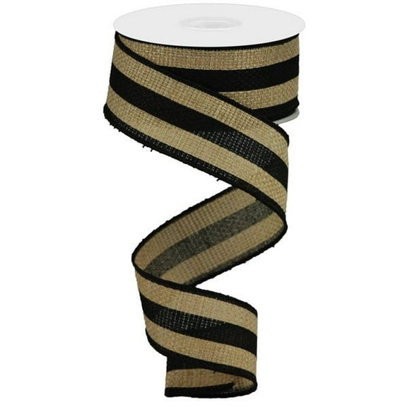 Vertical Stripe Wired Edge Ribbon - 10 Yards (Beige, Black, 1.5")