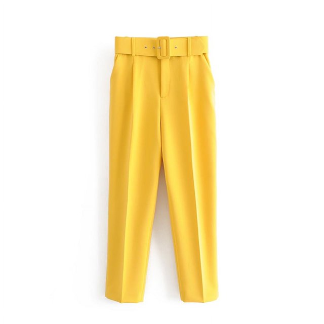 Cinturón adelgazante ajustado de estilo europeo y americano para mujer, pantalones casuales de cintura alta, pantalones hasta el tobillo amarillos A8GS317