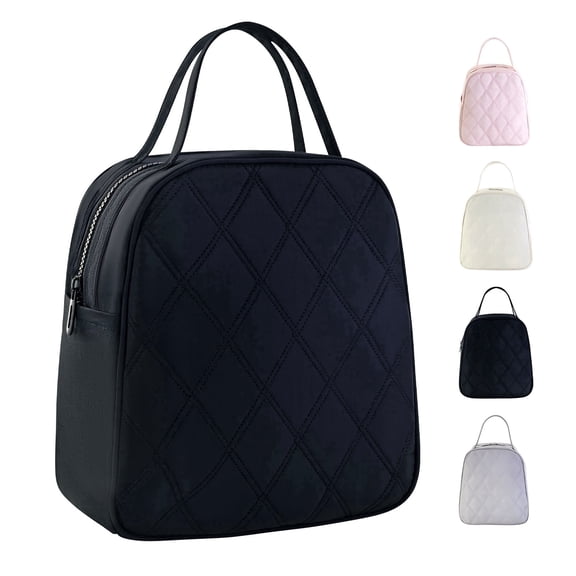 Mziart Black Lunch Box for Women Men, 8L Soft Quilted Cute Lunch Bag with 2 Side Pockets, Reusable Portable Small Cooler Bags for Work Picnic Camping