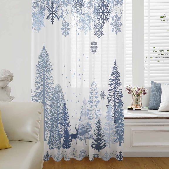 Blue Christmas Semi Sheer Curtains Drapes for Living Room, Bedroom, French Doors Window 54 Inches Long, Xmas Tree Snowflake Elk Winter Rod Pocket Chiffon Curtain Drapery Voile Draperies Panel