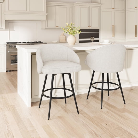 Set of 2 Counter-Height Swivel Bar Stools, 26" 360° Swivel Linen Upholstered Chairs with Back & Footrest, Black Metal Frame for Kitchen Island/Counter - White