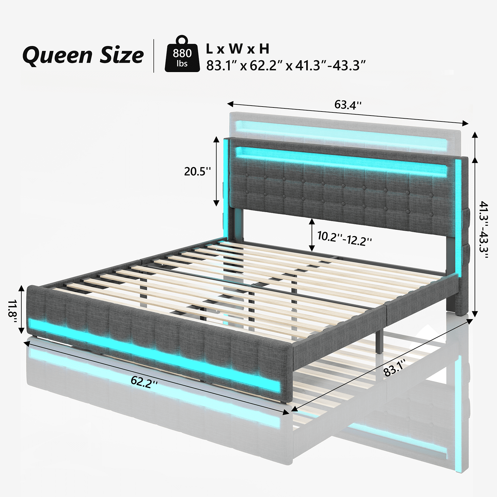 Queen Bed Frame with Adjustable Headboard & LED Lights, Upholstered Platform Bed Frame Queen Size with Type-C & USB Charging Station, Heavy Duty Metal Bed Frame, No Box Spring Needed, Dark Grey
