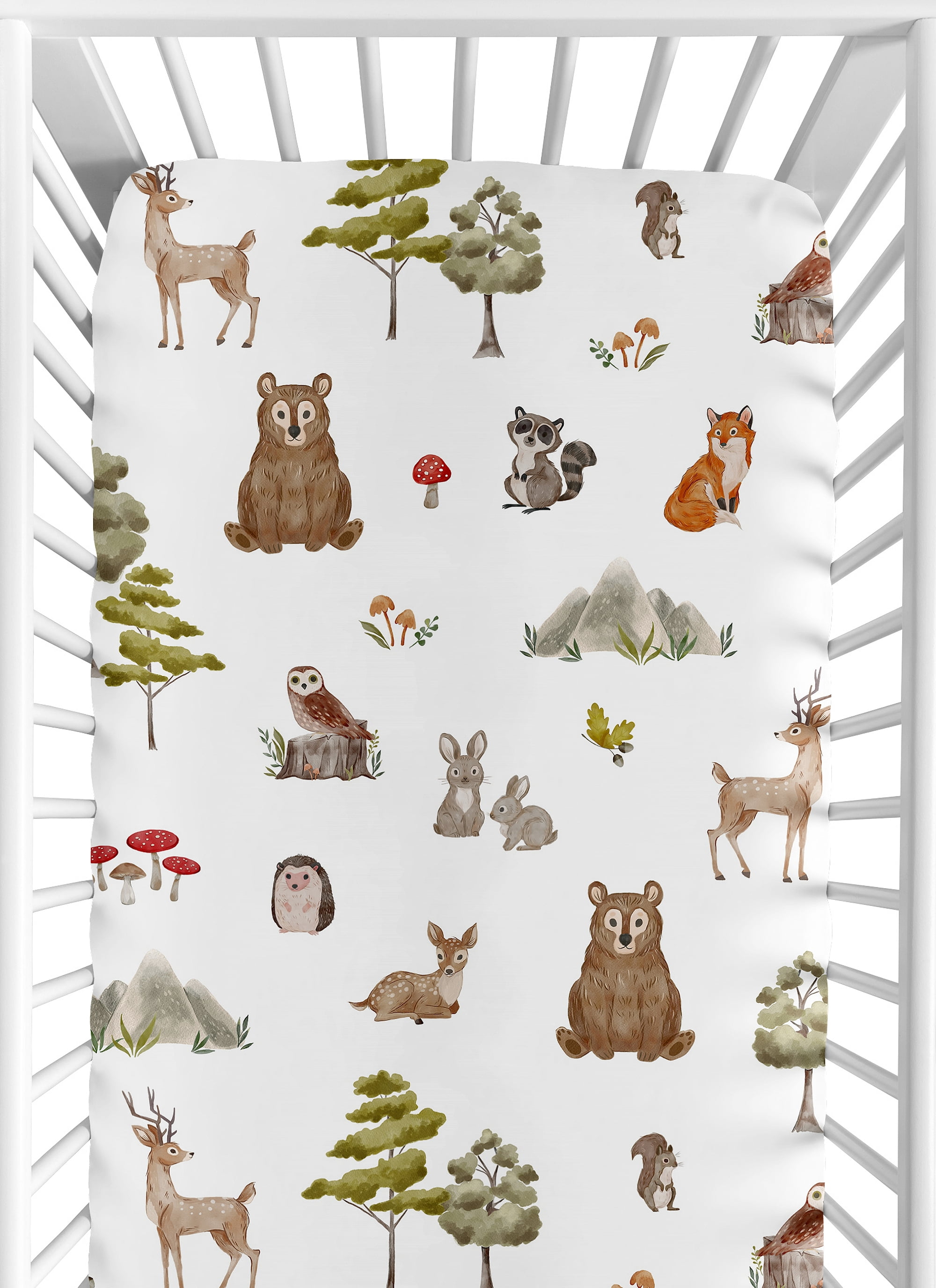 Sweet Jojo Designs Watercolor Woodland Forest Animals Green Brown White Fitted Crib Sheets 2 Piece Set