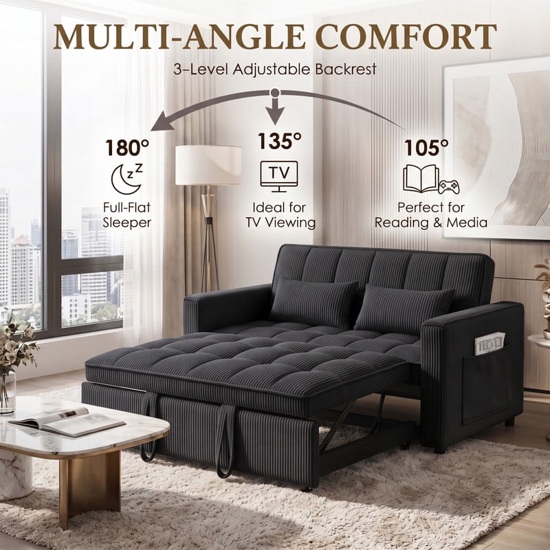 Gewnee 54" Sofa Bed, Convertible Sleeper Sofa & Pull Out Couch with Adjustable Backrest and Storage Pocket, Black(Corduroy)