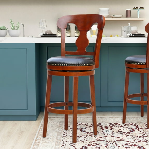 Abble 30" Swivel Walnut and Dark Brown Faux Leather Upholstered Bar Stool(Set of 1 )