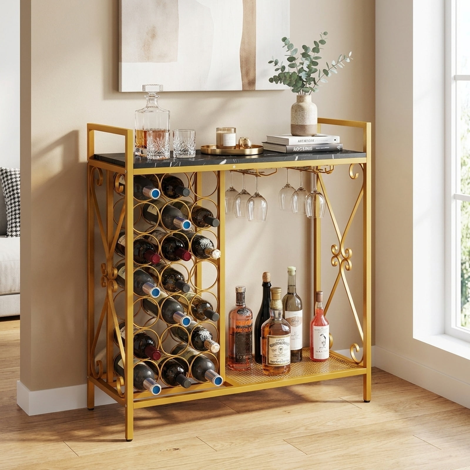 RUIE 21 Bottle Freestanding Wine Rack, Floor Wine Bottle Organizer with Glass Holder, Metal Wood Storage Shelf for Kitchen Dining Room - Black Golden